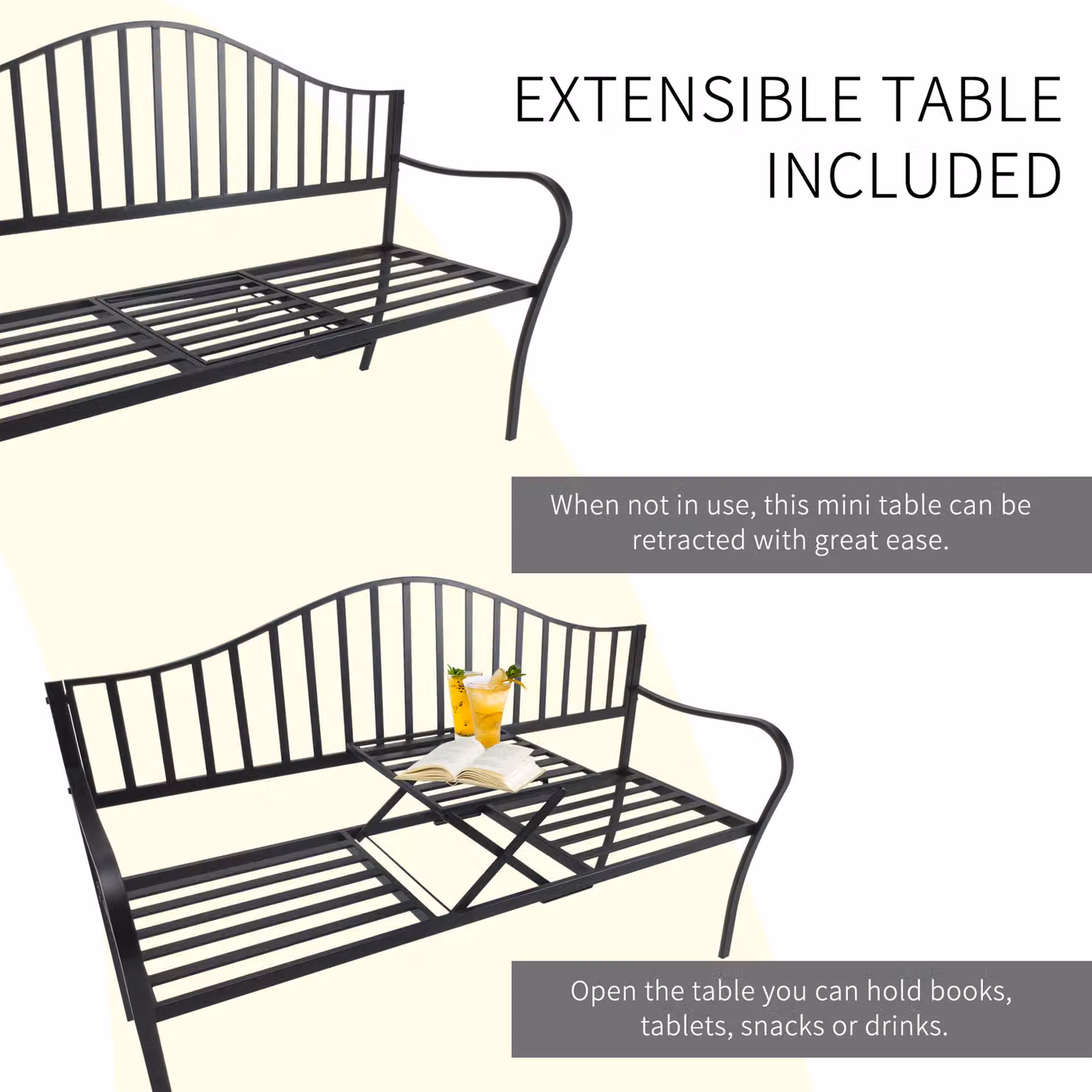 Outsunny Modern Black Metal Garden Bench with Foldable Middle Table and Armrests – 3