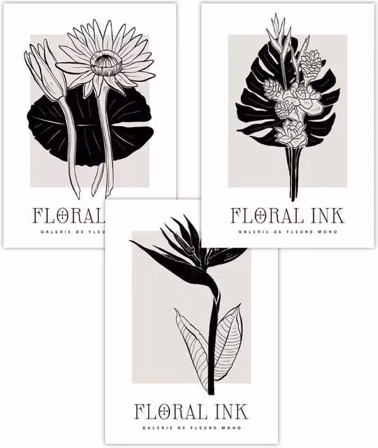 ARTZE Set of 3 Boho Floral Sketch Ink Tropical Leaves Paper Posters in Black, Beige and White, W: 59 cm, H: 84 cm