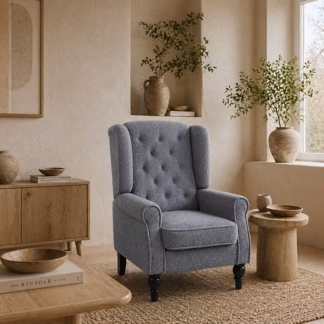 Wyld Haus Rovero Grey Teddy Fleece Wingback Accent Chair with Diamond Tufting and Solid Wood Frame, H 86 cm x W 74 cm x D 102 cm – 1