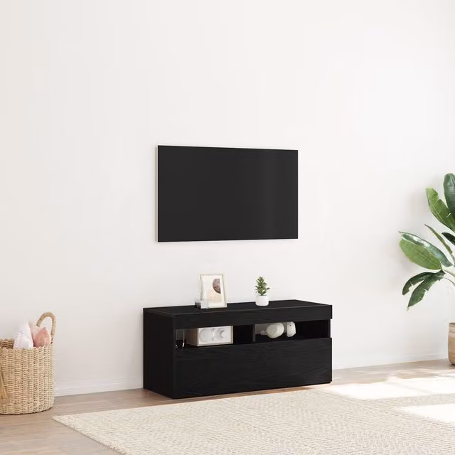 Berkfield Home Modern TV Stand with LED Lights in Black, W/D/H: 90 x 35 x 40 cm
