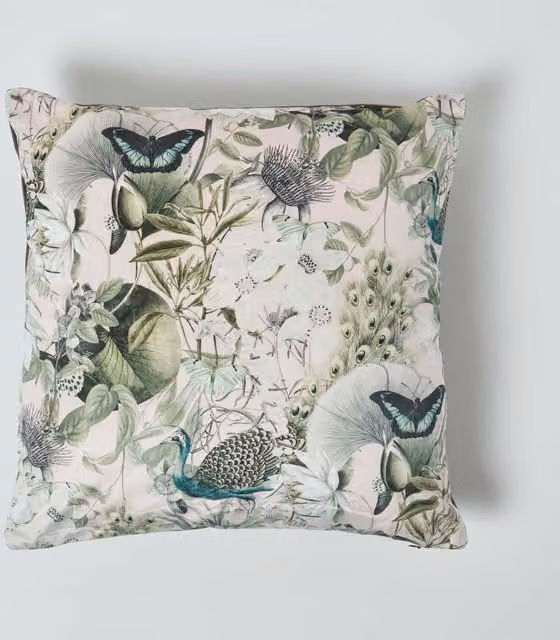 Homescapes Floral Butterfly Garden Pink Velvet Cushion, W/D/H: 46 x 46 x 46 cm