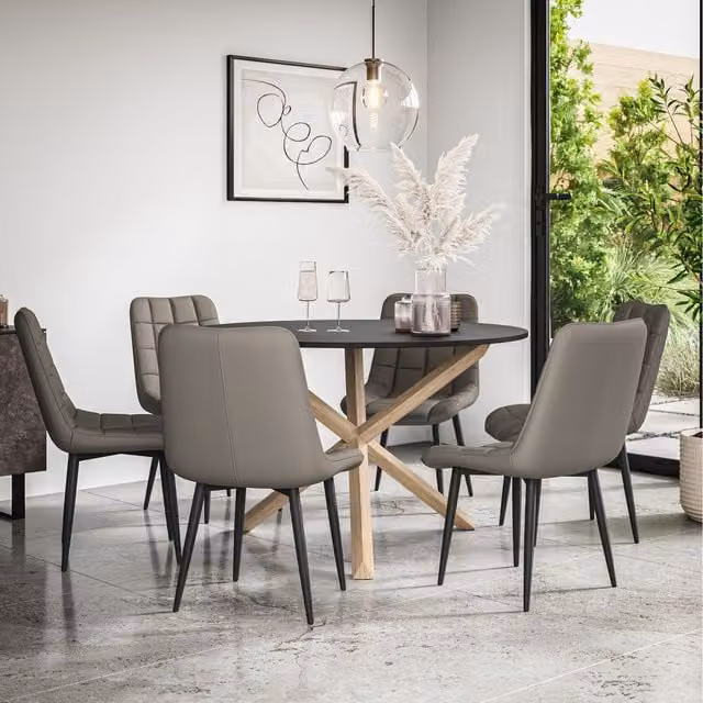 More4Homes Malvern Round Black Dining Table with 6 Grey Nova Faux Leather Chairs and Oak Legs