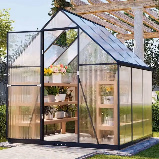 BIRCHTREE Polycarbonate Walk-In Greenhouse with Aluminium Frame in Dark Grey