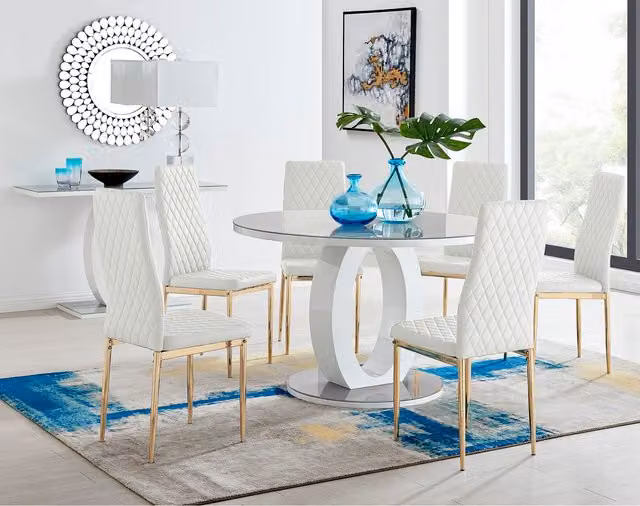 FurnitureboxUK Giovani Round Dining Set with Grey Glass Table and 4 White Milan Chairs with Gold Legs, Diameter: 120 cm