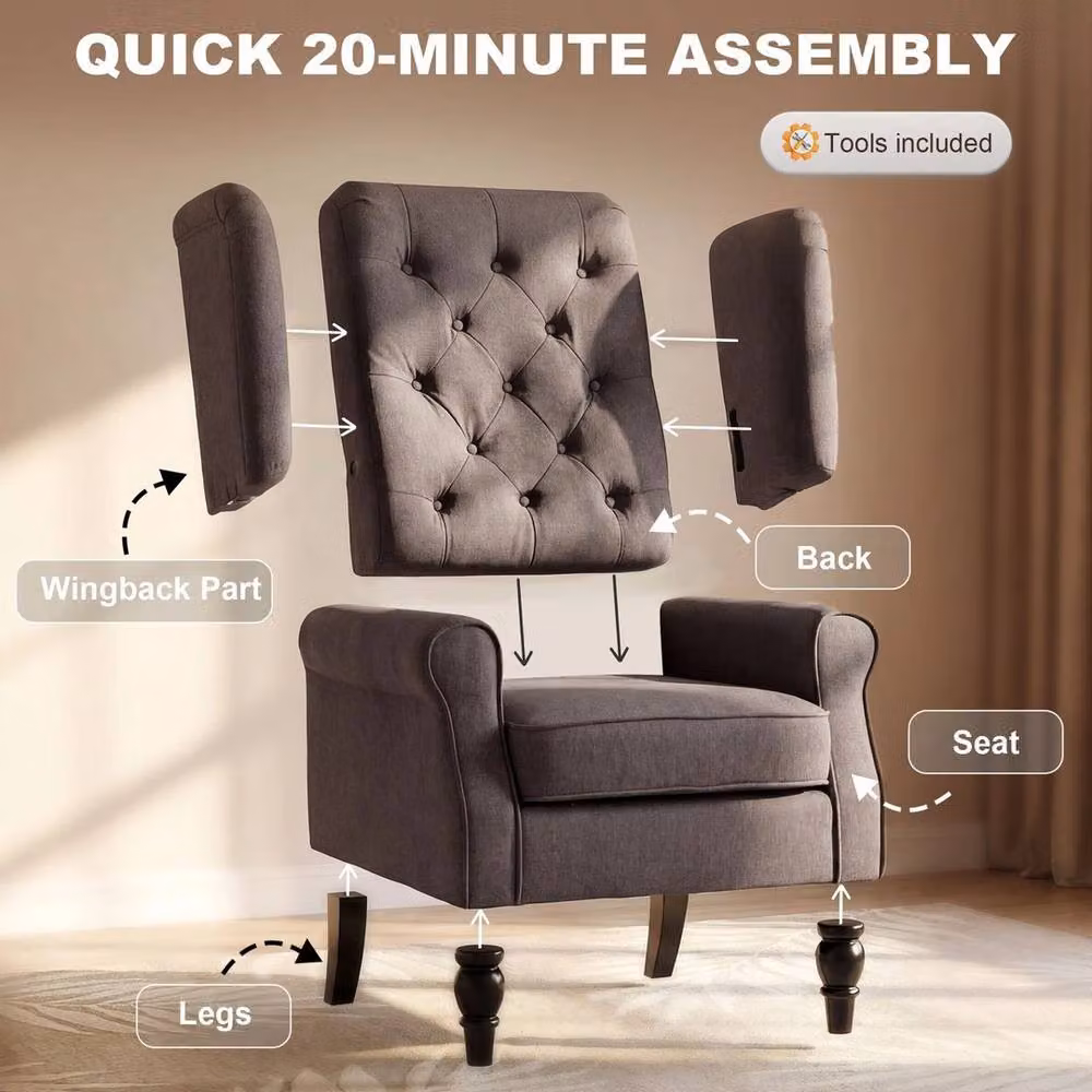 NESTLUNE Retro Tufted Wingback Accent Chair in Grey Fabric with Solid Wood Frame – 3
