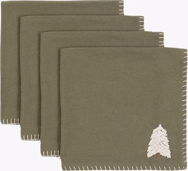 Perch & Parrow Set of 4 Green Nordic Woodland Tree Embroidered Napkins