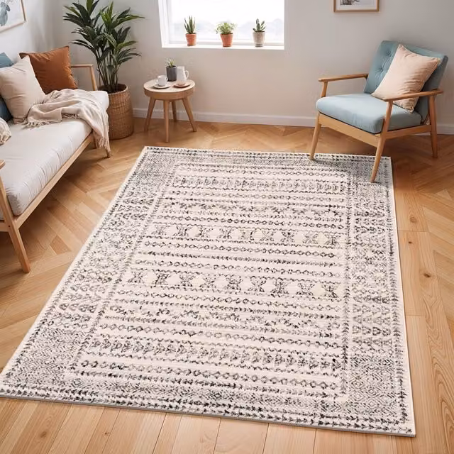 Livabliss Pisa Geometric Machine Woven Rug in Grey, White and Black, W/D/H: 140 x 200 cm