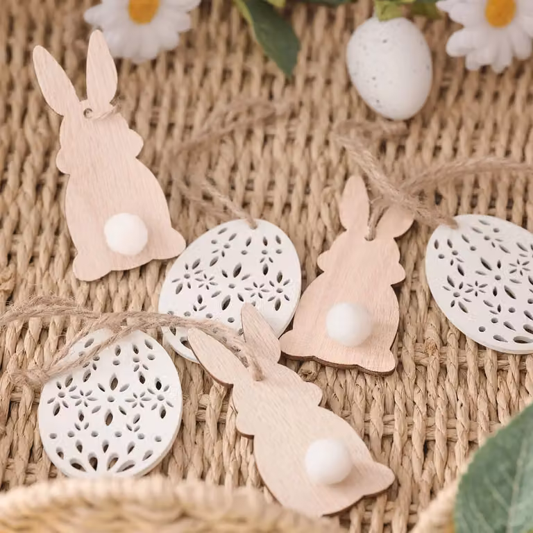Lights4fun Set of 6 Wooden Easter Bunny and Egg Hanging Decorations in White and Brown