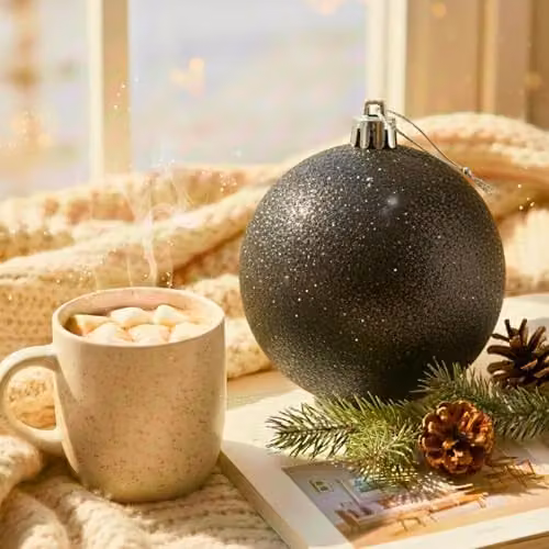Shatchi Black Glitter Christmas Bauble, Round Plastic Hanging Ornament, Diameter: 20 cm – 2