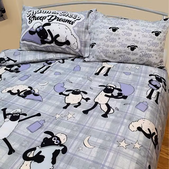 Shaun the Sheep Duvet Cover and Pillowcase Set, Purple, Grey and Stars, Single Size, W/D/H: 140 x 200 cm and 50 x 75 cm – 2