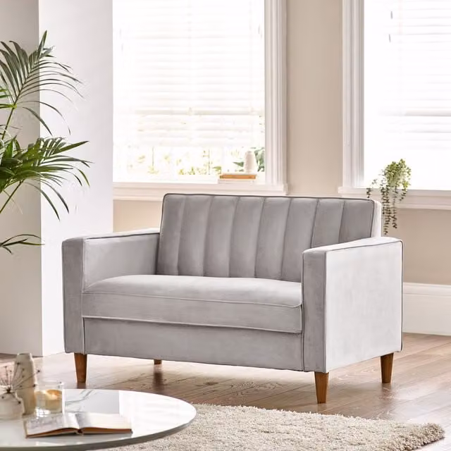FurnitureboxUK Kit 2 Seater Living Room Sofa in Light Grey Fabric and Velvet