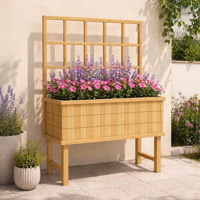 STILVORA Natural Wood Raised Garden Planter with Trellis, Brown, Width: 105 cm
