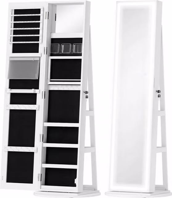 HOMCOM White 360 Swivel Mirror Jewellery Cabinet with 3-Colour LED Lights and Lockable Storage