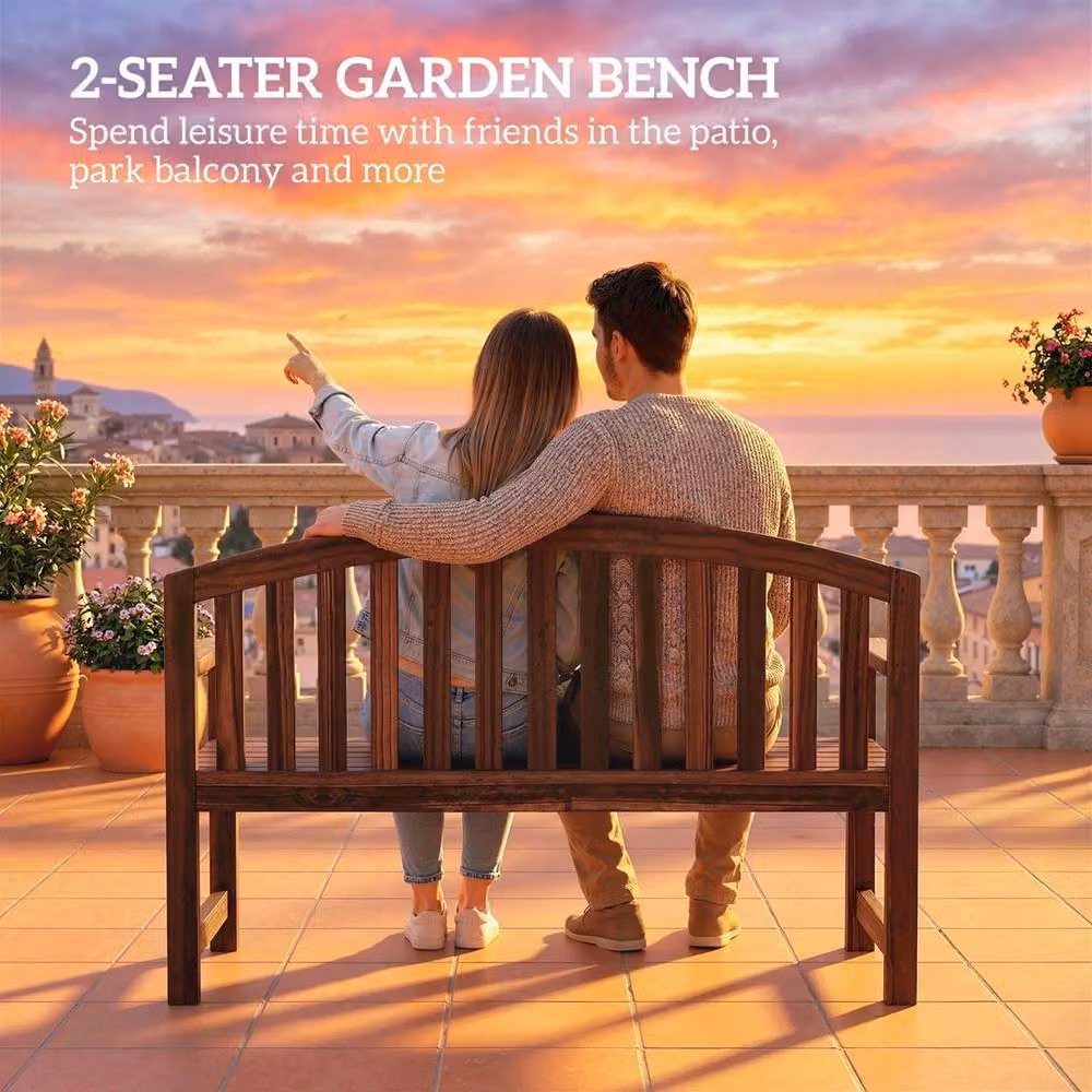VOGREX 2 Person Wooden Garden Bench with Armrests in Brown – 5