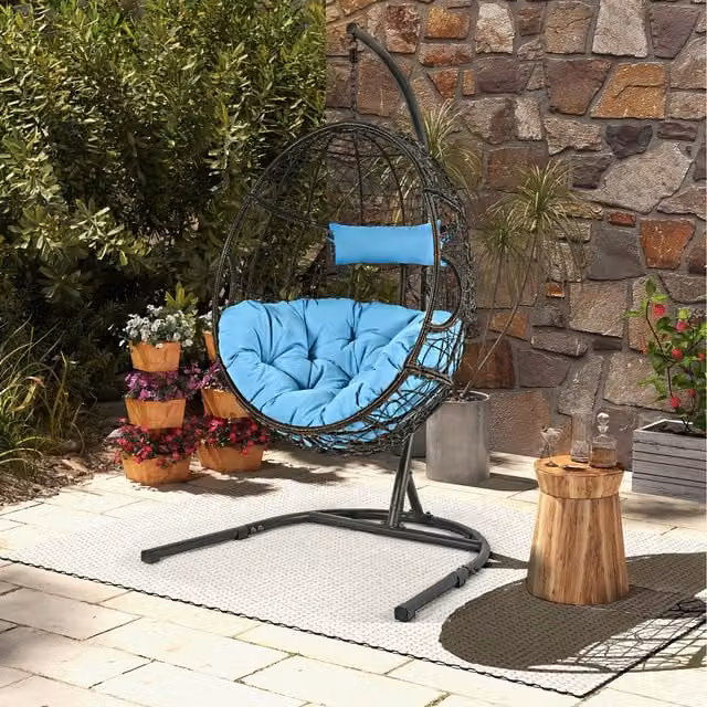 Costway Modern Blue Rattan and Metal Outdoor Hanging Basket Chair