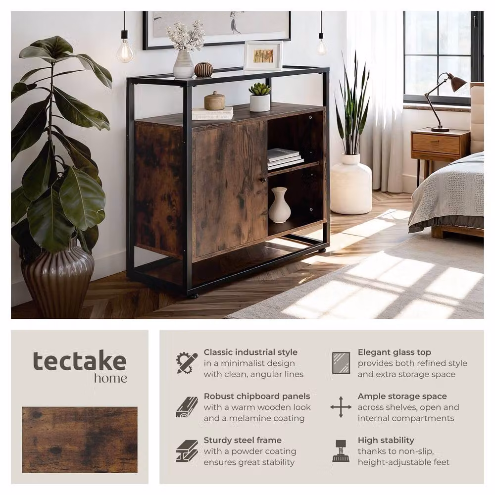 tectake Coventry Sideboard with Glass Tabletop and Open Shelves in Brown and Black – 2
