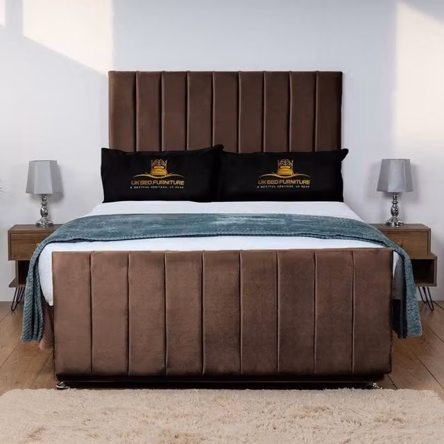 UK Bed Furniture Hampton Divan Bed Base with 26 Inch Headboard in Brown Velvet, W/D/H: 120 x 200 cm