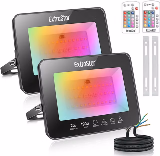 Livingandhome 2-Piece 20W RGB LED Solar Floodlight Set in Black with Multicolour Effect and IP65 Waterproof Rating