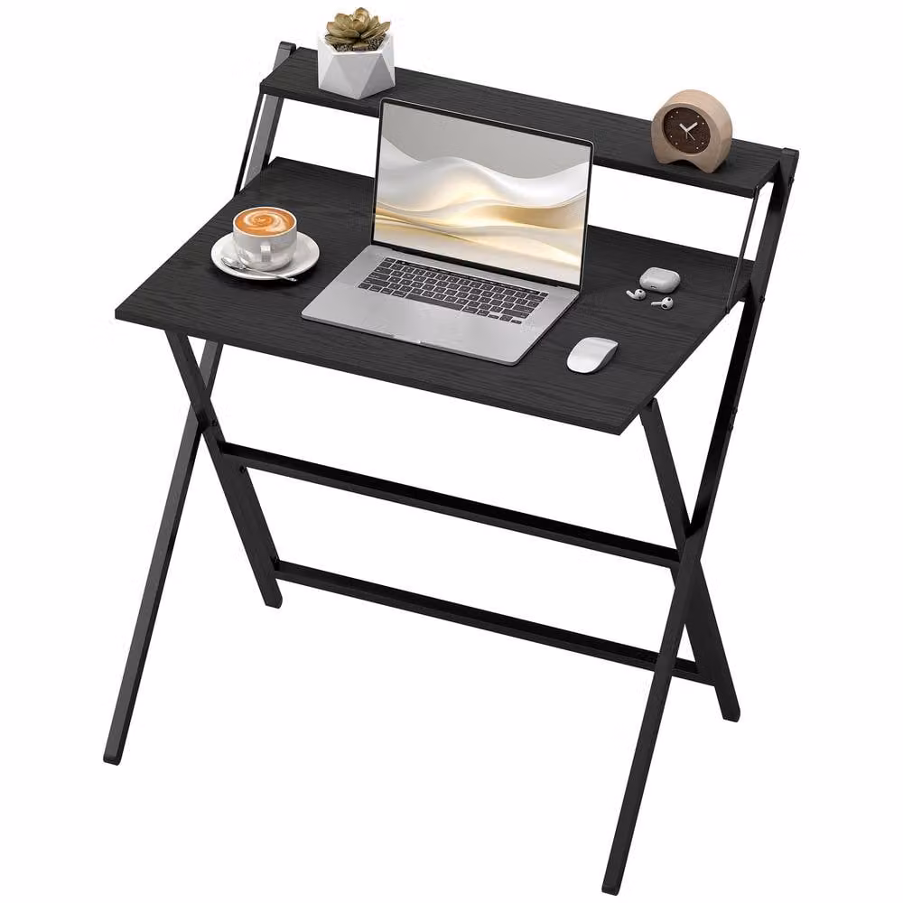 STILVORA Foldable Black Metal Desk with Monitor Shelf for Home Office – 5