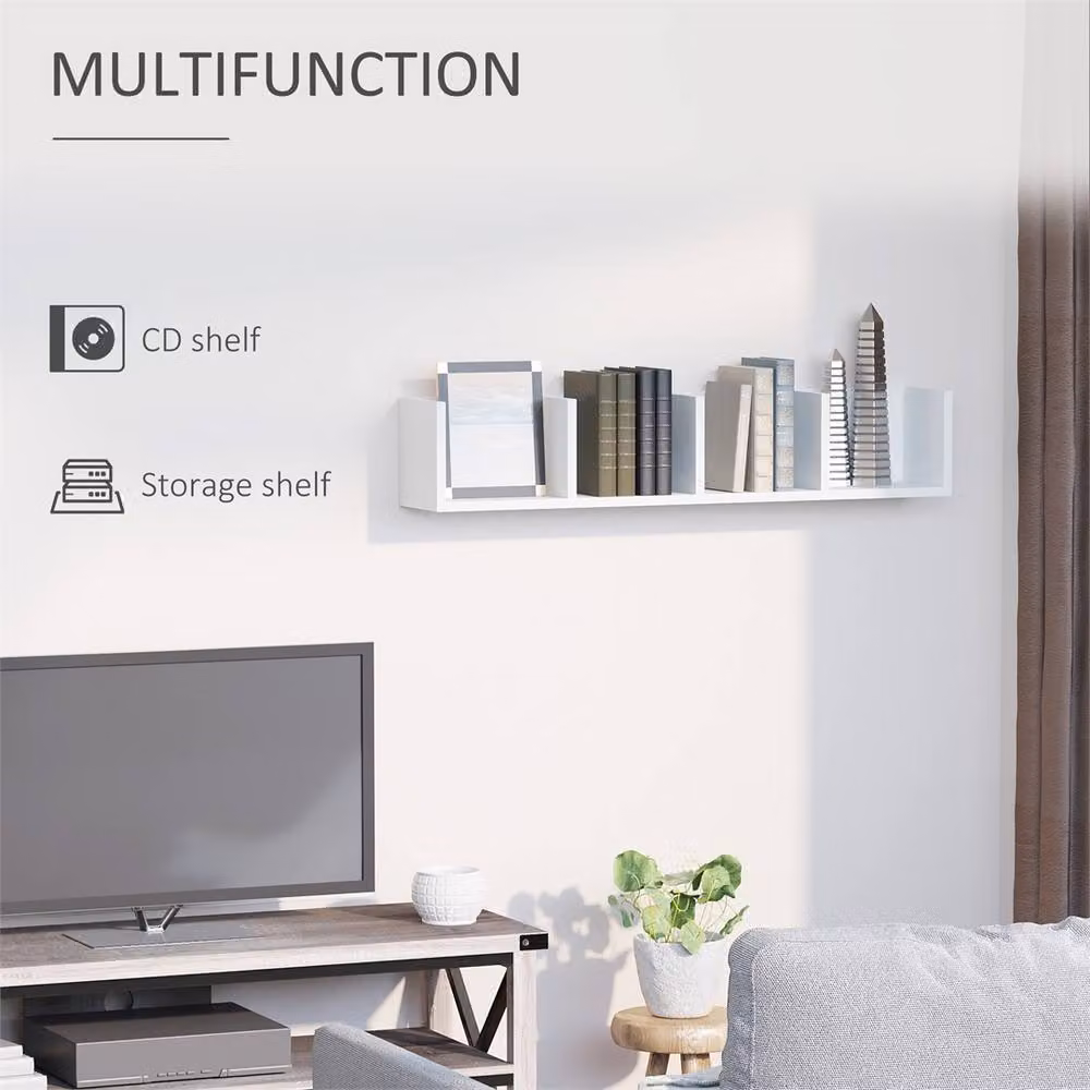 EONLION White Modern Wall Mounted Media Storage Shelf with CD Compartments, Width: 60 cm – 3