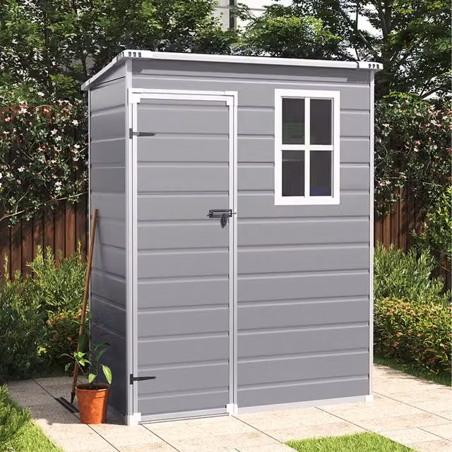 Livingandhome Modern Plastic Garden Storage Shed with Single Door and Window in Grey