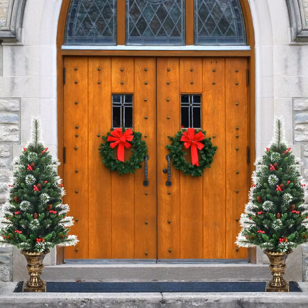 Gymax 120 cm Artificial Christmas Tree in Green and Red with Glittered Branches and Pine Cones – 5