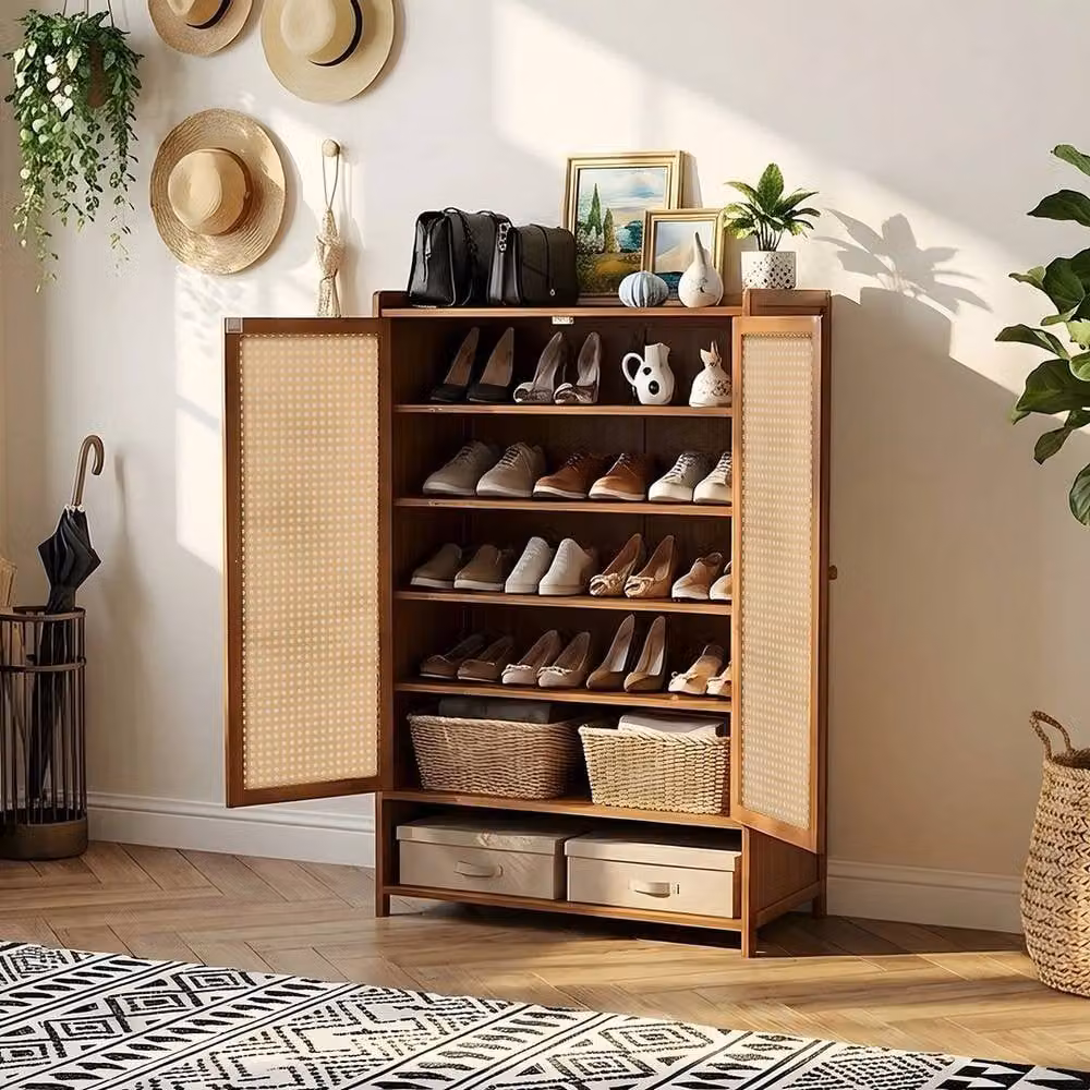 KORVIXA Bamboo 2-Door Narrow Shoe Cabinet in Brown with Rattan Details for Hallway Storage – 4