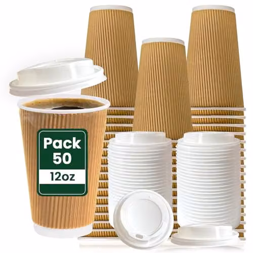 ECONX 50 Pack Disposable Triple Wall Ripple Kraft Paper Coffee Cups with White Lids, 12oz, Brown – 1
