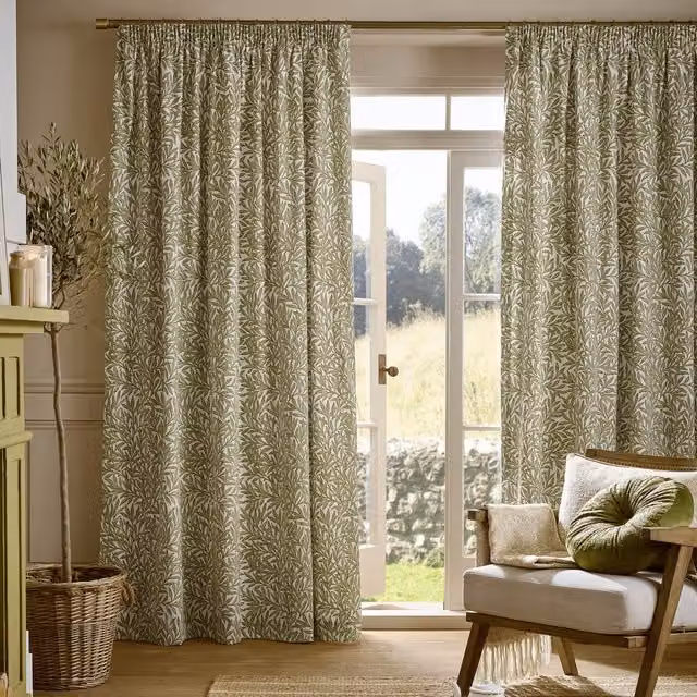 William Morris At Home Original Willow Ready Made Pencil Pleat Cotton Curtains in Green