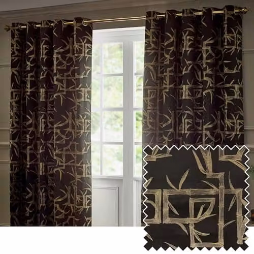 Paoletti Bamboo Black Jacquard Eyelet Curtain Pair, Opaque Geometric Pattern, W: 229 cm, H: 229 cm – 1