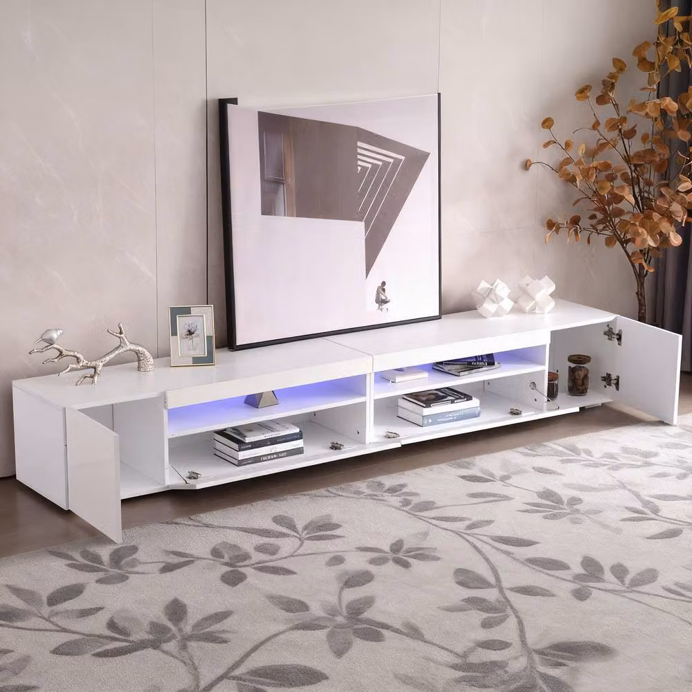Rolipo White Modern TV Stand with Integrated LED Light and Media Compartments, Width: 240 cm – 2
