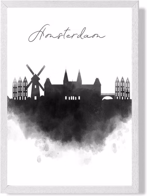 ARTZE Amsterdam Watercolour Skyline City Framed Print with Black and White Frame