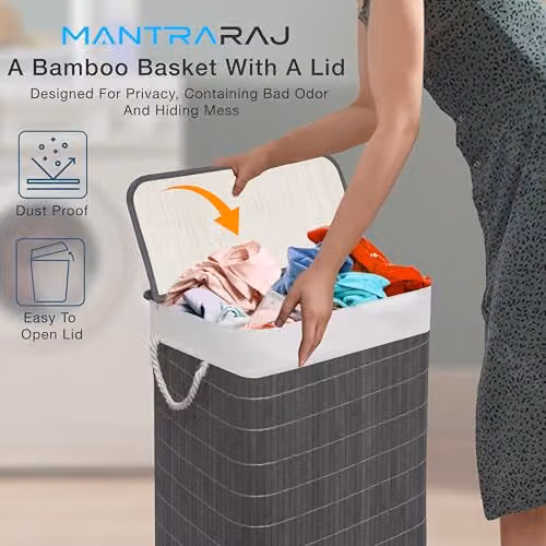 MantraRaj Bamboo Laundry Basket with Lid and 2 Compartments, 105L, Grey – 2