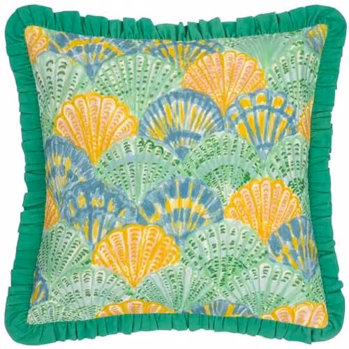 Furn Clam Shells Frilled Cotton Cushion in Green, W/D/H: 50 x 50 x 50 cm