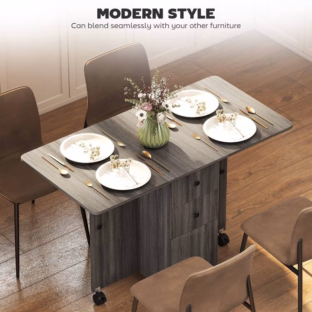 STILVORA Modern Grey Drop Leaf Rectangular Dining Table with Castors W/D/H: 120 x 76.5 x 6.0 cm – 5