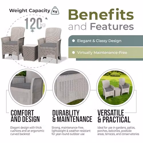 Centurion Supports Ophelia 3-Piece Grey PU Rattan Wicker Garden Furniture Set with High Back Armchairs, Side Table and Storage – 2