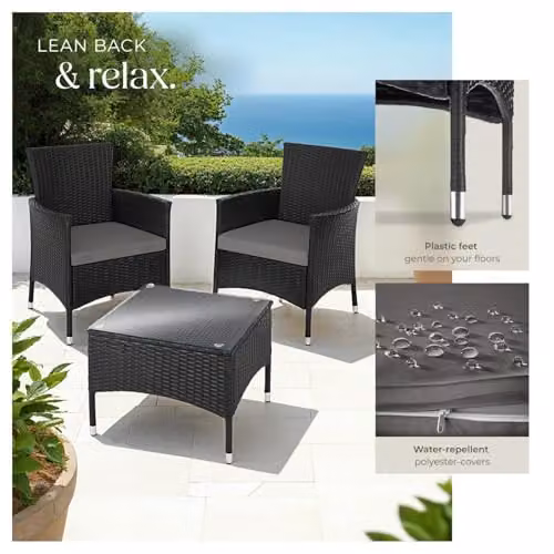 tectake Lucerne Rattan Garden Furniture Set in Black with Beige and Grey Cushions – 4