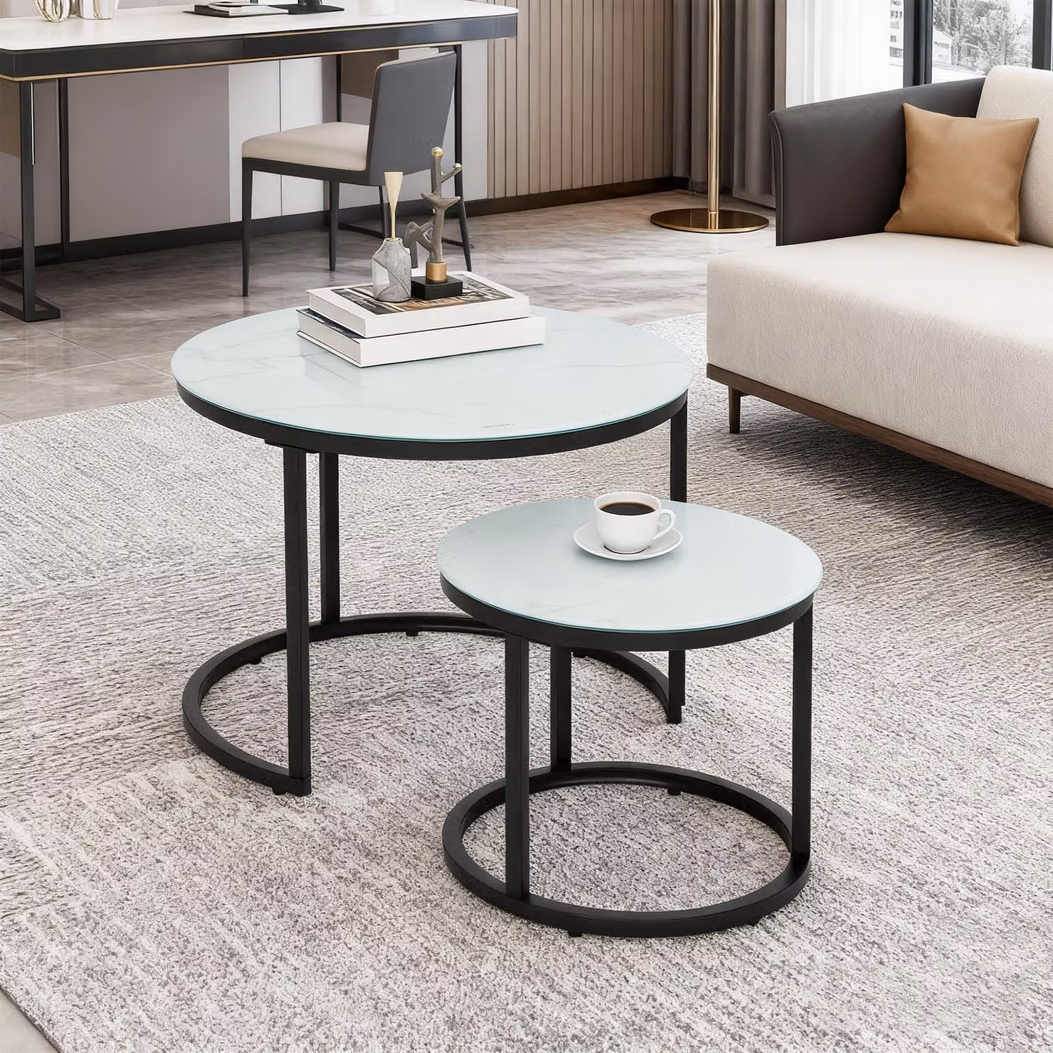 HOMCOM Set of 2 Modern Round Nest of Tables with White Marble-Effect Tempered Glass Tops – 7