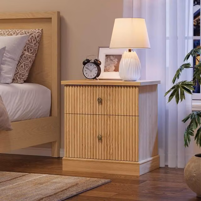 London Boutique Modern Mid-Century Bedside Table with Drawers and Castors in Light Oak, W/D/H: 61.0 x 39.7 x 57.7 cm