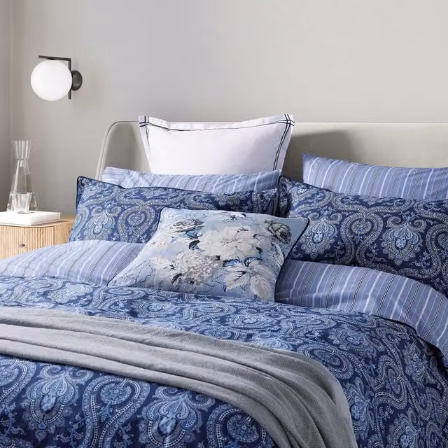 Bedeck of Belfast Ellis Kingsize Reversible Striped Cotton Percale Duvet Cover and Pillowcase Set, Blue and Grey