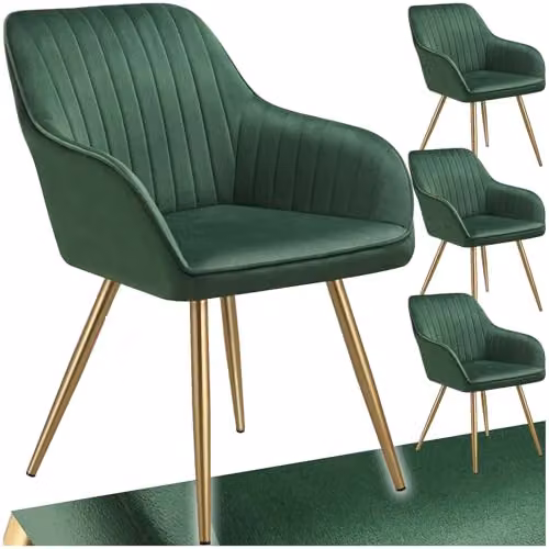 tectake Set of 4 Marilyn Dining Chairs in Green and Gold with Velvet Fabric and Metal Legs – 1