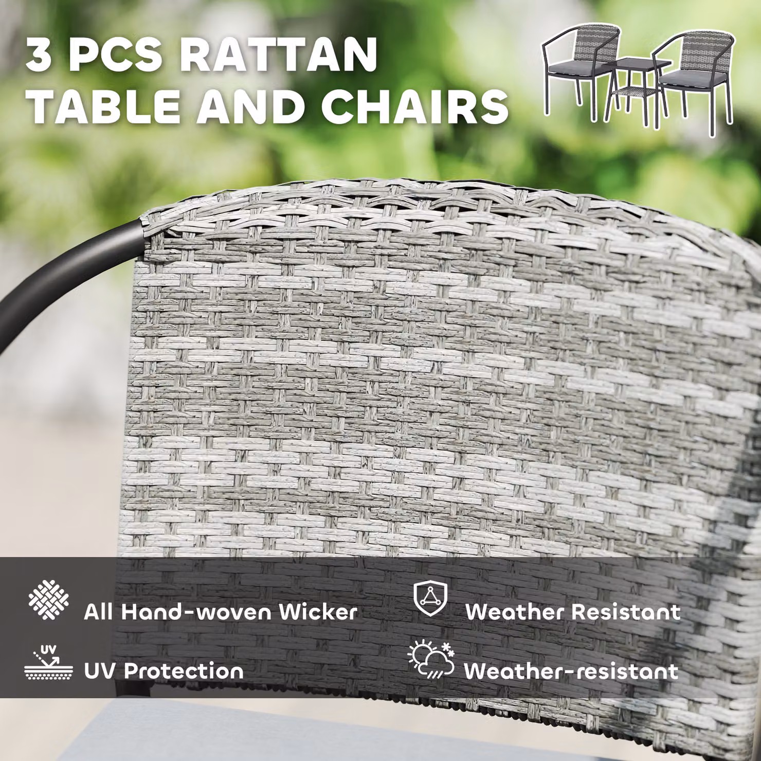 Outsunny 3 Piece Rattan Bistro Set with Cushions and Glass Top Coffee Table in Grey – 3