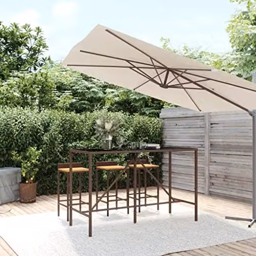vidaXL Modern Bar Table with Glass Top in Brown Poly Rattan and Metal, W/D/H: 180 x 70 x 110 cm – 2