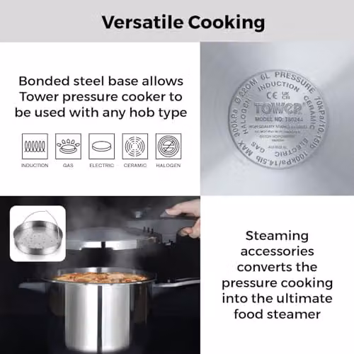 Tower Stainless Steel Pressure Cooker with Steamer Basket, Silver, 6L – 5