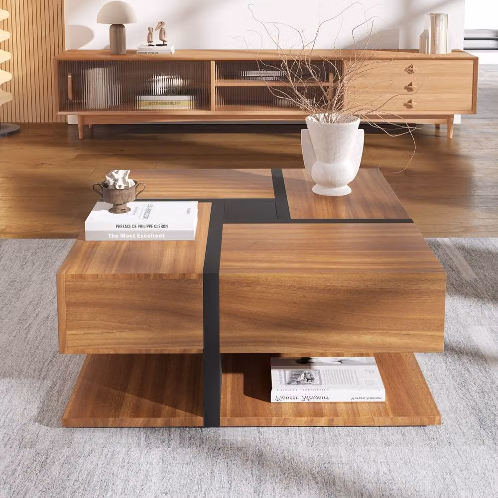 BTM Modern Square Coffee Table with 4 Drawers and Bottom Storage in Brown – 4