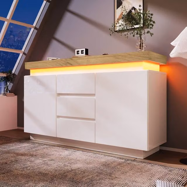 Rolipo White High Gloss Modern Sideboard with Integrated LED Lighting – 1