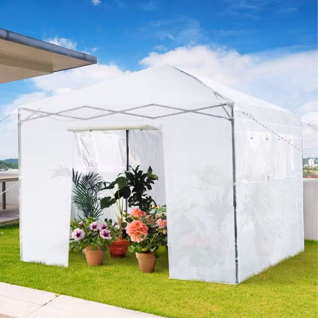 COSTWAY White Garden Walk-in Greenhouse with 4 Windows and Gable Roof