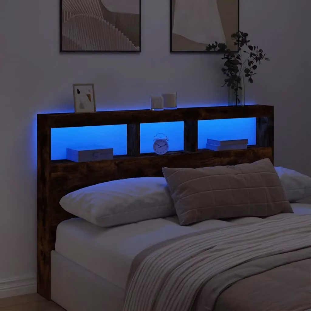 Berkfield Home Modern Smoked Oak Headboard Cabinet with LED Lighting and USB Charging Port, Brown, W: 160 cm, D: 17 cm, H: 102 cm – 4