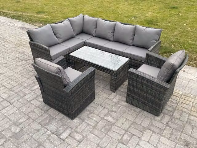 Fimous 8 Seater Outdoor Rattan Garden Furniture Set with Corner Sofa, Oblong Coffee Table and 2 Armchairs in Dark Grey