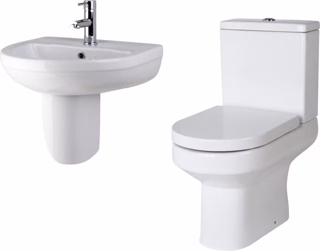 Balterley Vision Ceramic Toilet Suite with Soft-Close Seat and 500mm Semi Pedestal Basin in White – 1